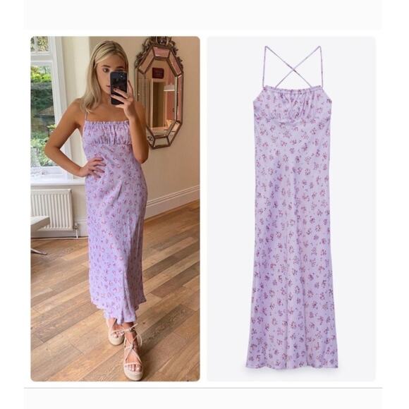 Zara Womens Dress Size Medium Satin Floral Lilac Purple Halter Flowers Designer - Picture 2 of 15